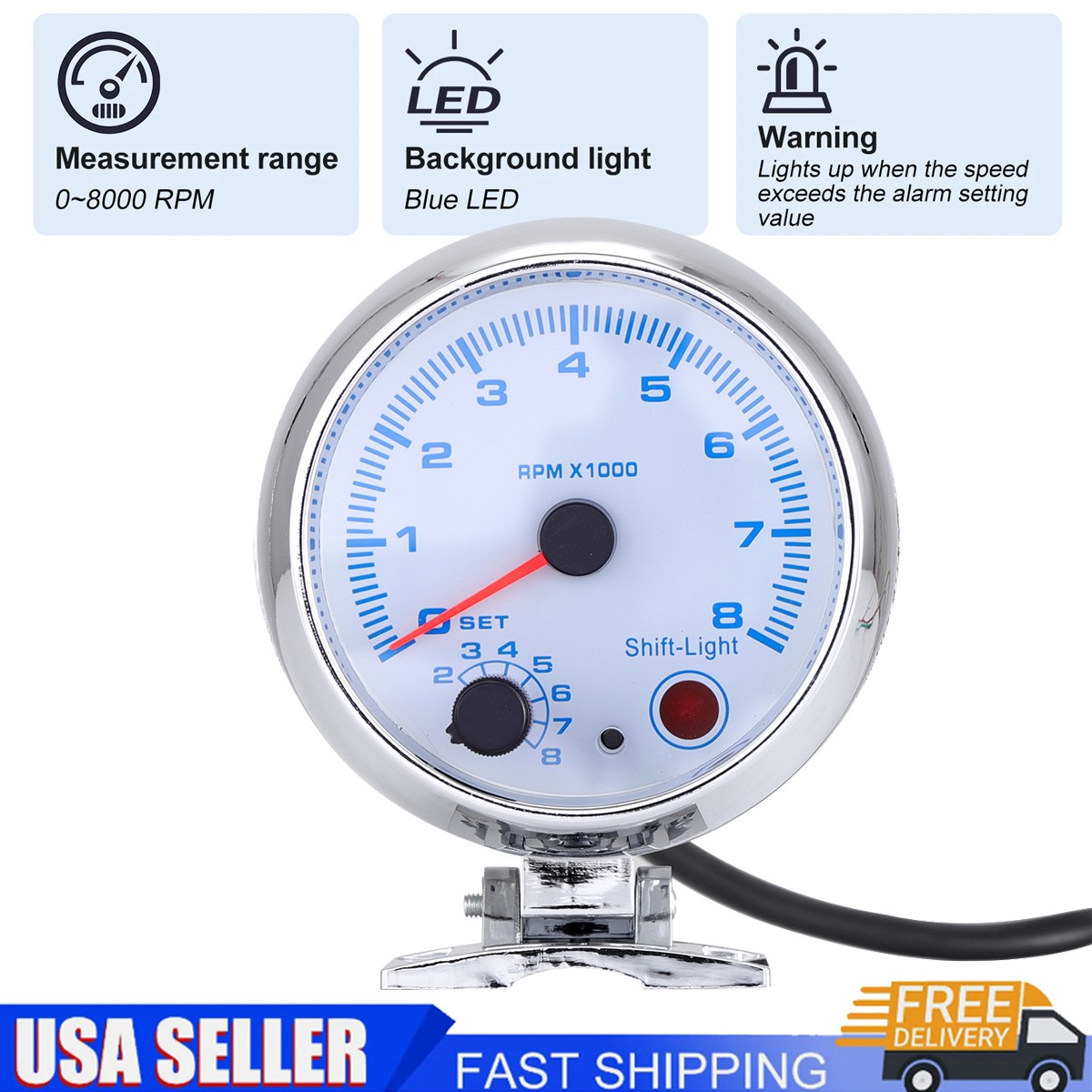 3.75″ 12V Universal Car Tachometer Gauge Meter 0-8000 RPM With LED Shift Light