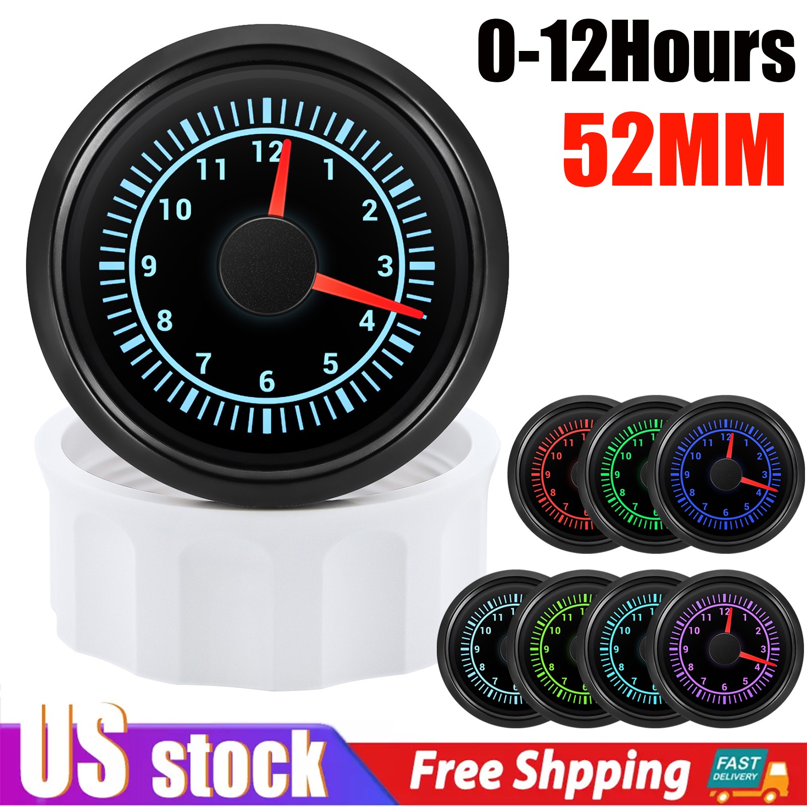 2″ 52mm Black Clock Gauge 0-12Hours 7 Colors LED Waterproof For Car Marine Truck