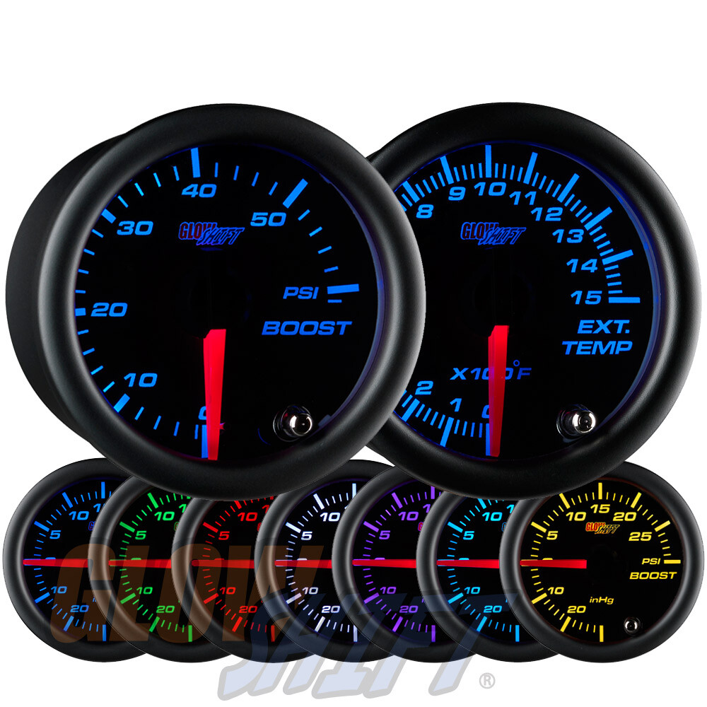 GlowShift 52mm Black 7 Color 60PSI Diesel Boost + 1500F EGT Pyrometer Gauge Set