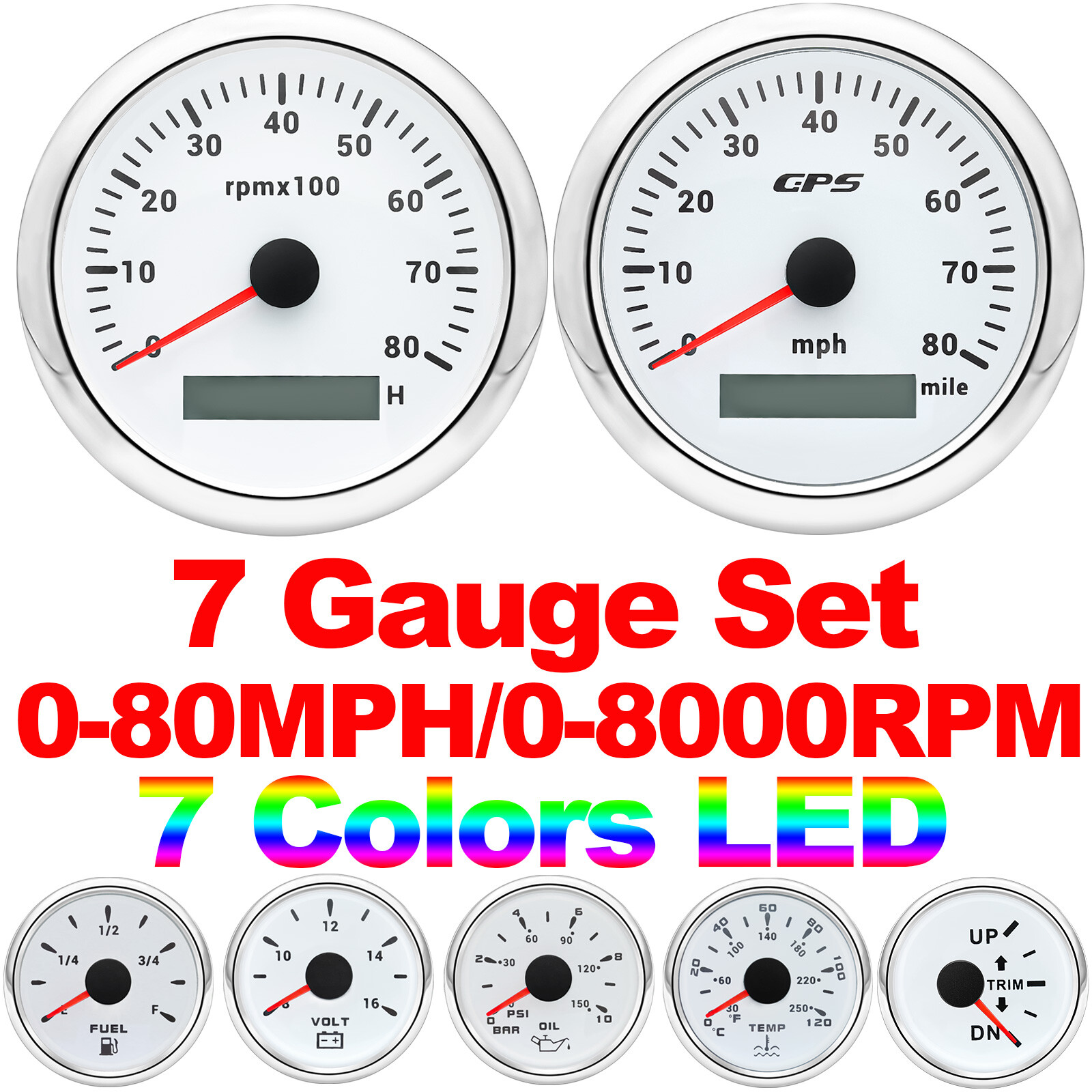 7 Gauge Set 85mm GPS Speedometer 80MPH Tachometer&52mm Fuel/Oil/Temp/Volt/Trim