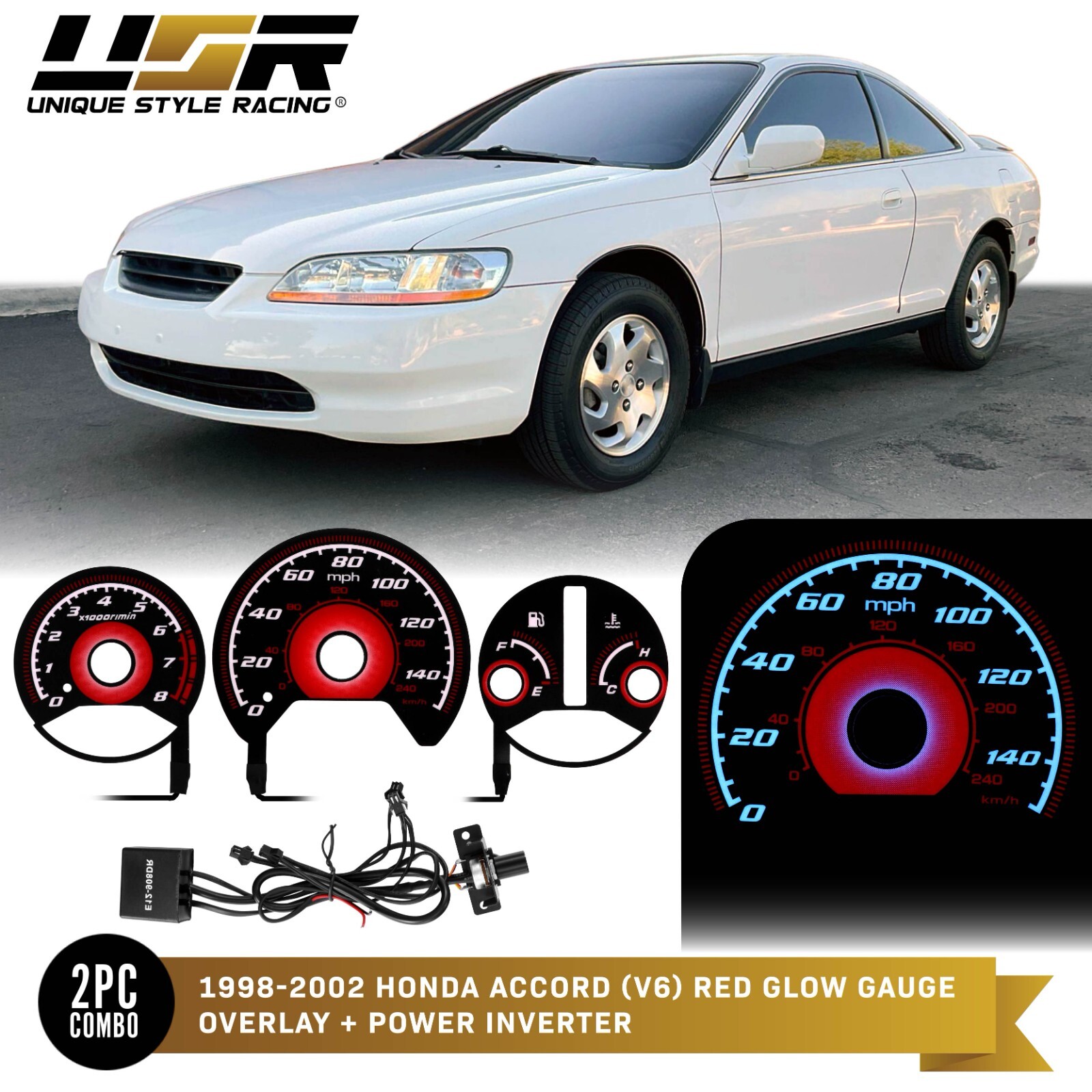 RED Type-R Glow Gauge Black Overlay For 98-02 Honda Accord V6 Instrument Cluster