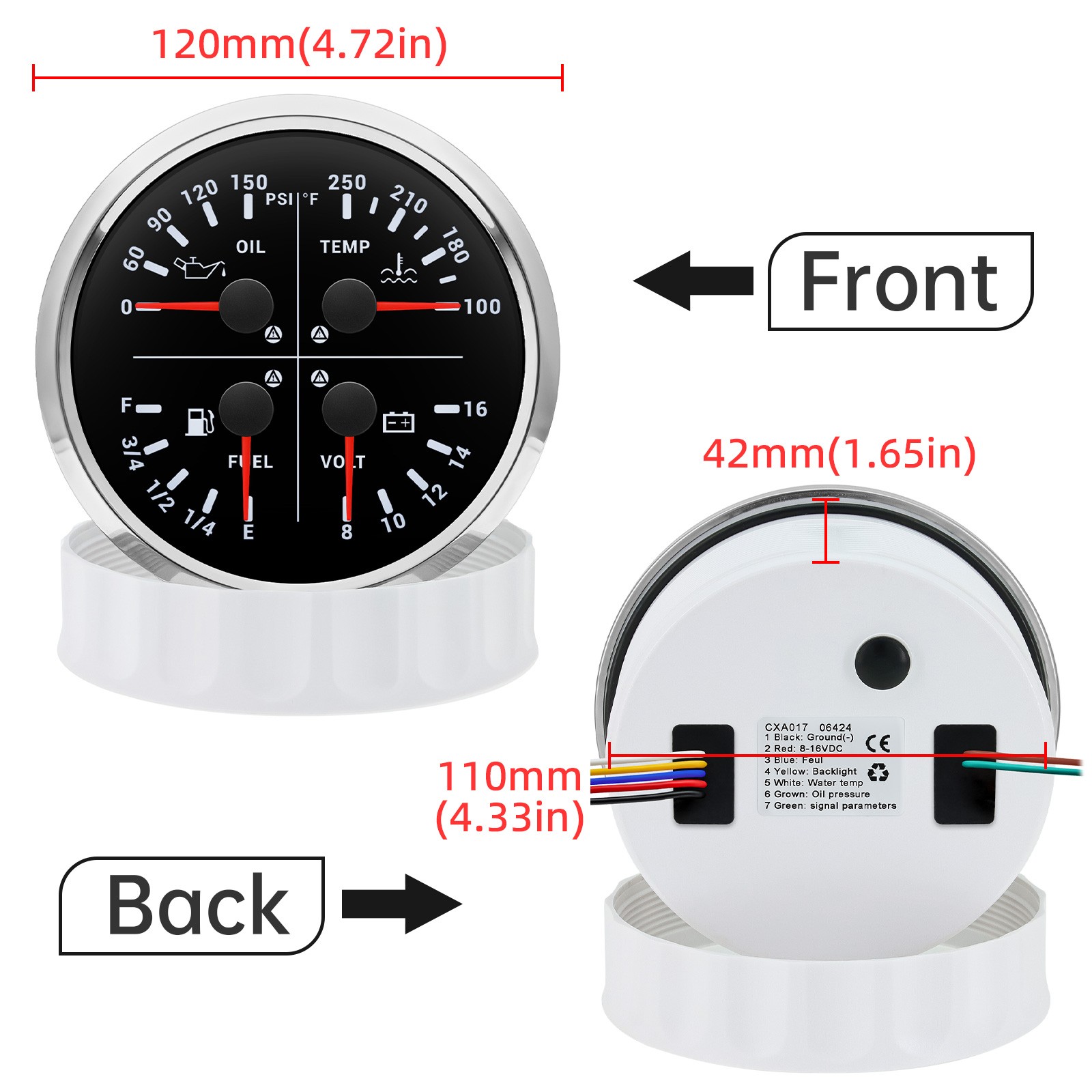110mm 4 IN 1 Multifunction Gauge Fuel Level Oil Pressure Water Temp Volt US