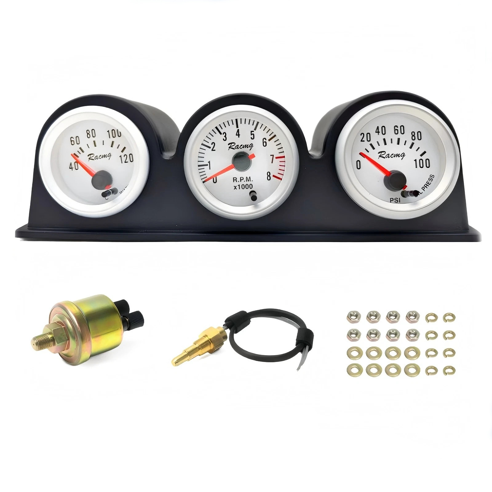 2” 7 Color LED Triple 3in1 Gauge Kit RPM Water Temp Oil Pressure Gauge 12V