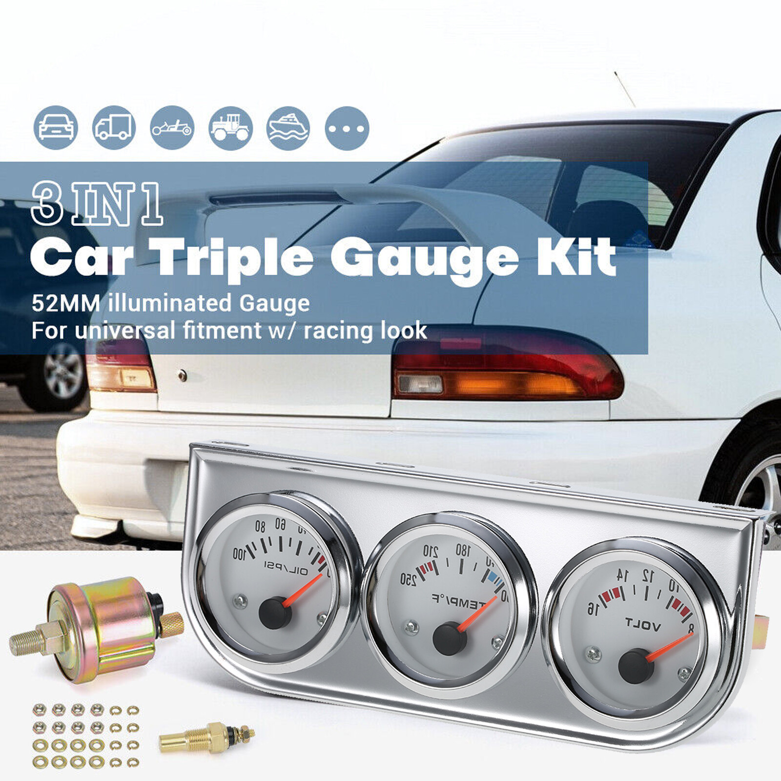 2″ 52mm Chrome Car Triple Gauge Set Kit 3in1 Water Temp Oil Pressure Volt Meter