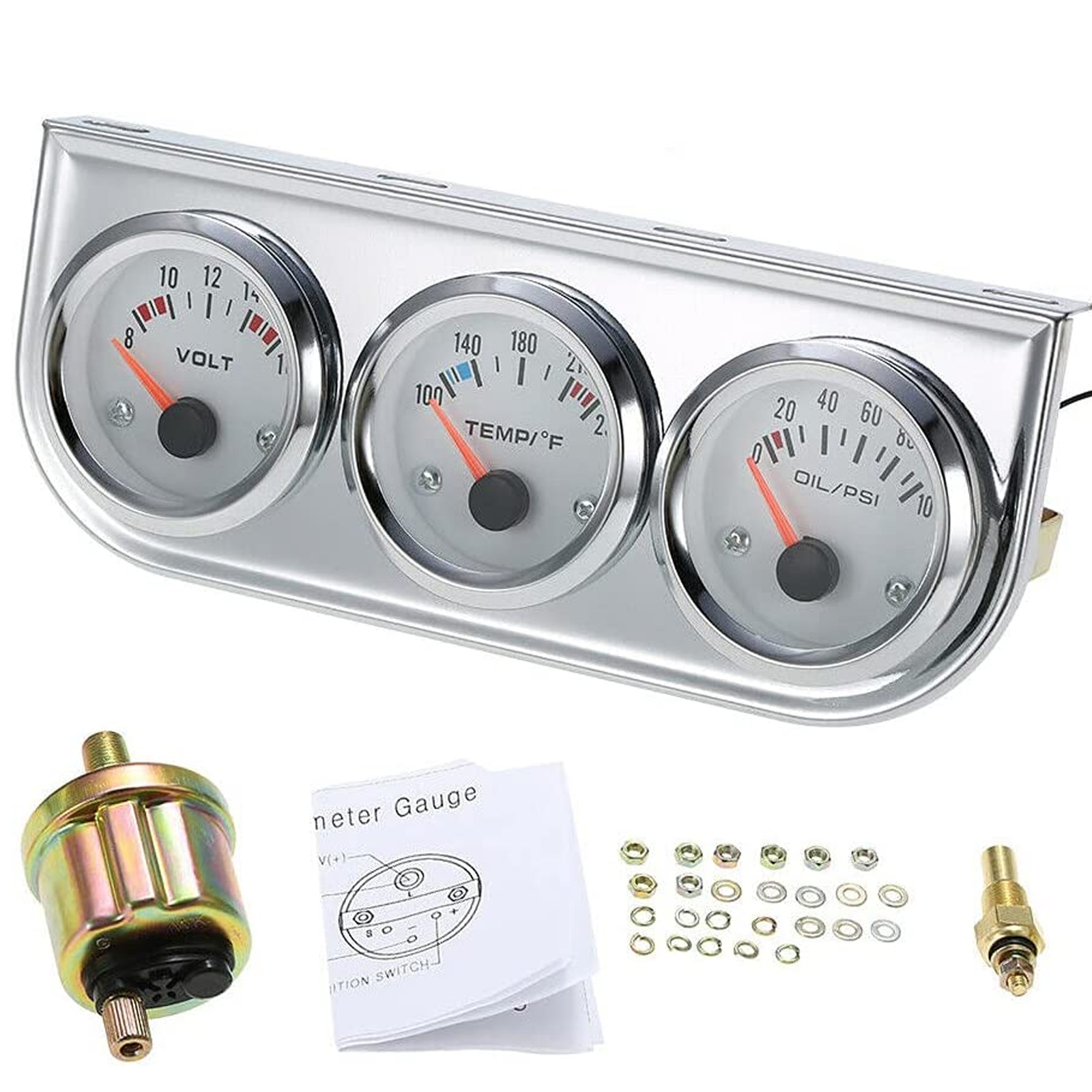 2″ 52mm Chrome Car Triple Gauge Set Kit 3in1 Water Temp Oil Pressure Volt Meter