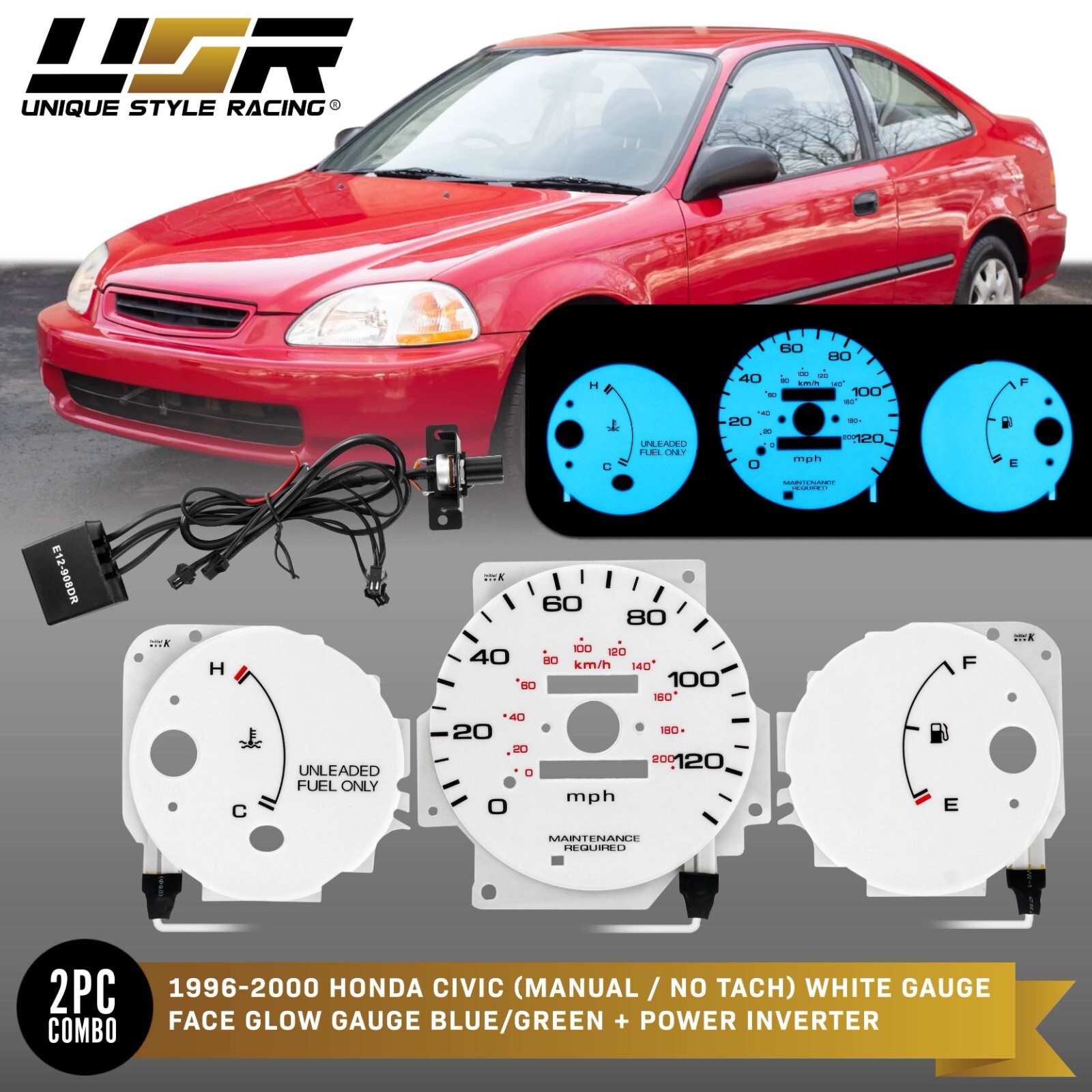 BLUE/GREEN Glow Gauge White Overlay For 96-00 Honda Civic NO TACH/MT Cluster