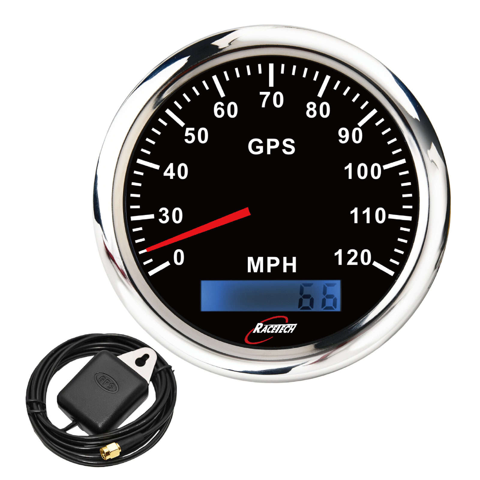 RACETECH 85mm 3 3/8″ 7 Color LED Black GPS Speedometer 120 MPH with GPS Sensor