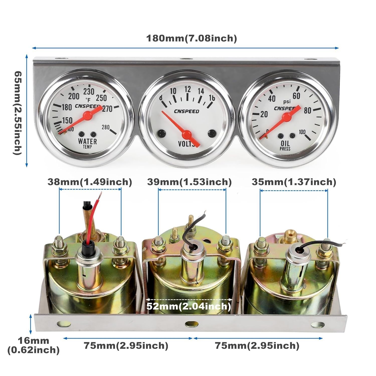 2inch 52mm Triple Gauge Kit, Volt Meter Water Temp Temperature Gauge Oil Pressur