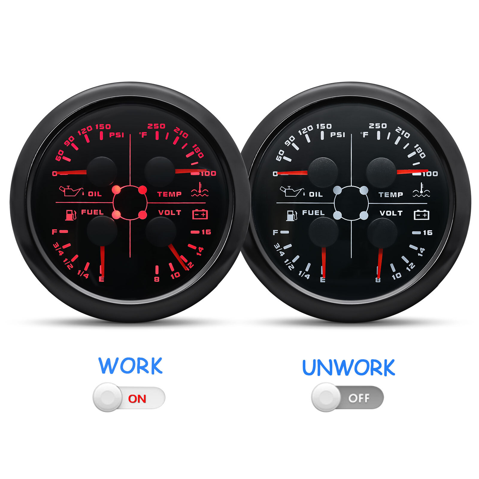 85mm 4in 1 Gauge Boat Fuel Level 240-33ohms Water Temp Oil Pressure Voltmeter US