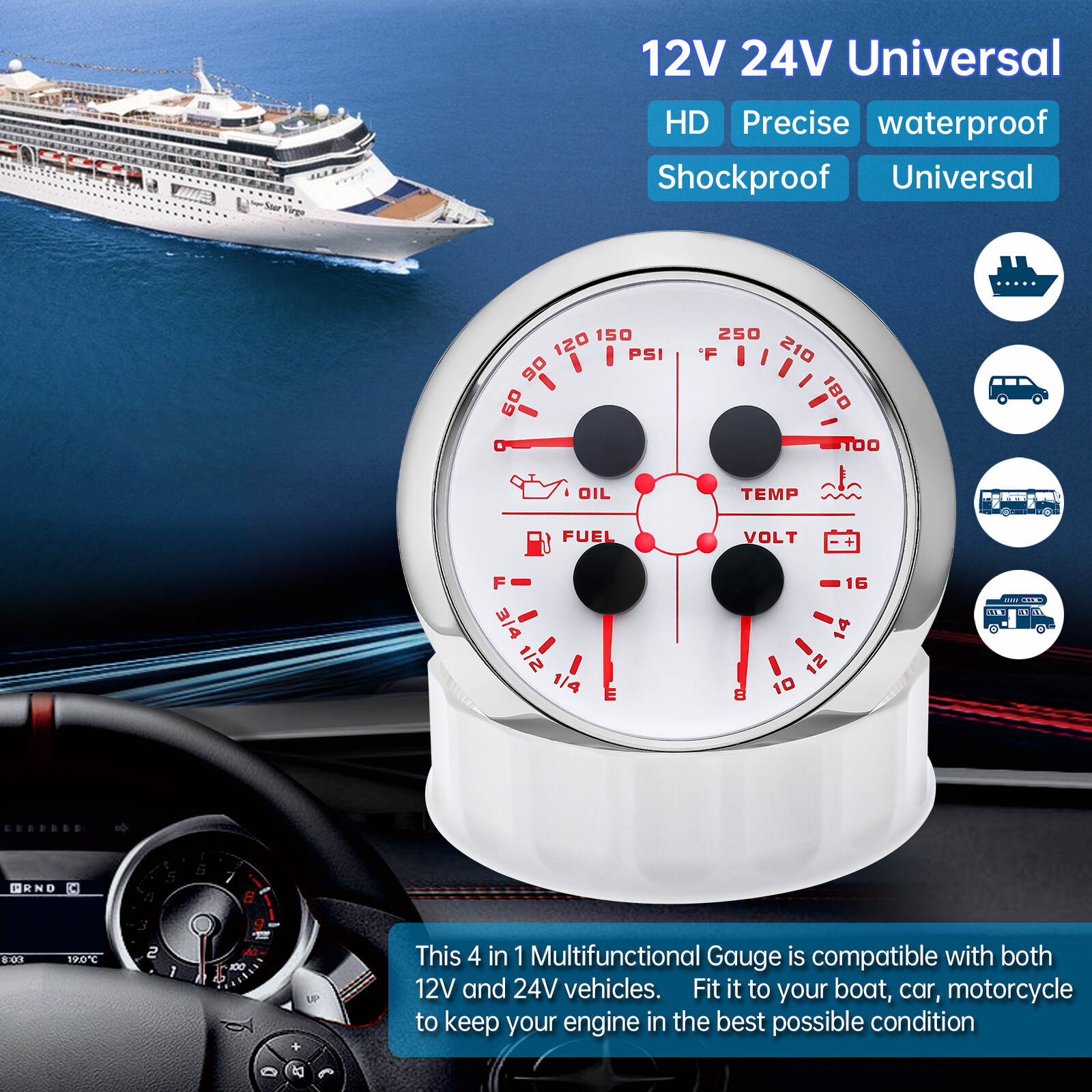 85mm GPS Speedometer 0-200MPH with Tachometer 0-8000RPM 4in 1 Gauge with Senders
