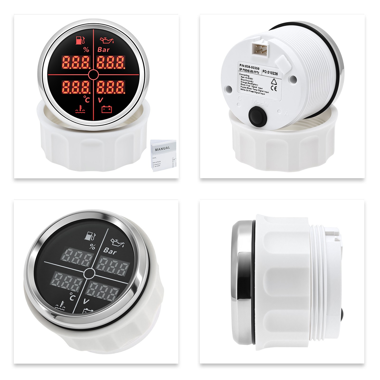 52MM 4 IN 1 Multifunction Gauge Fuel Level Oil Pressure Water Temp Volt Gauge