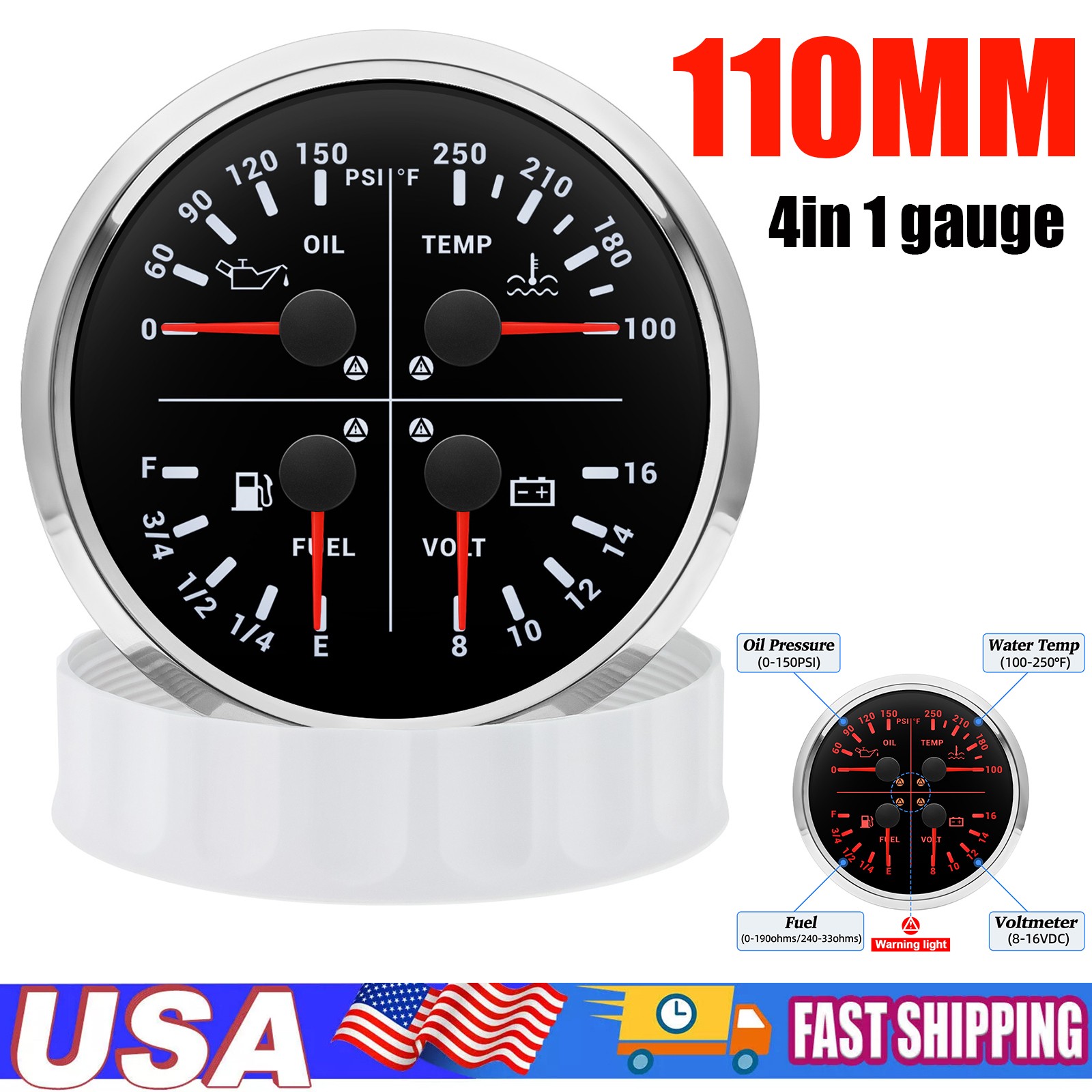 110mm 4IN1 Gauge Fuel Level 240-33ohm Oil Pressure Water Temp Voltmeter For Boat