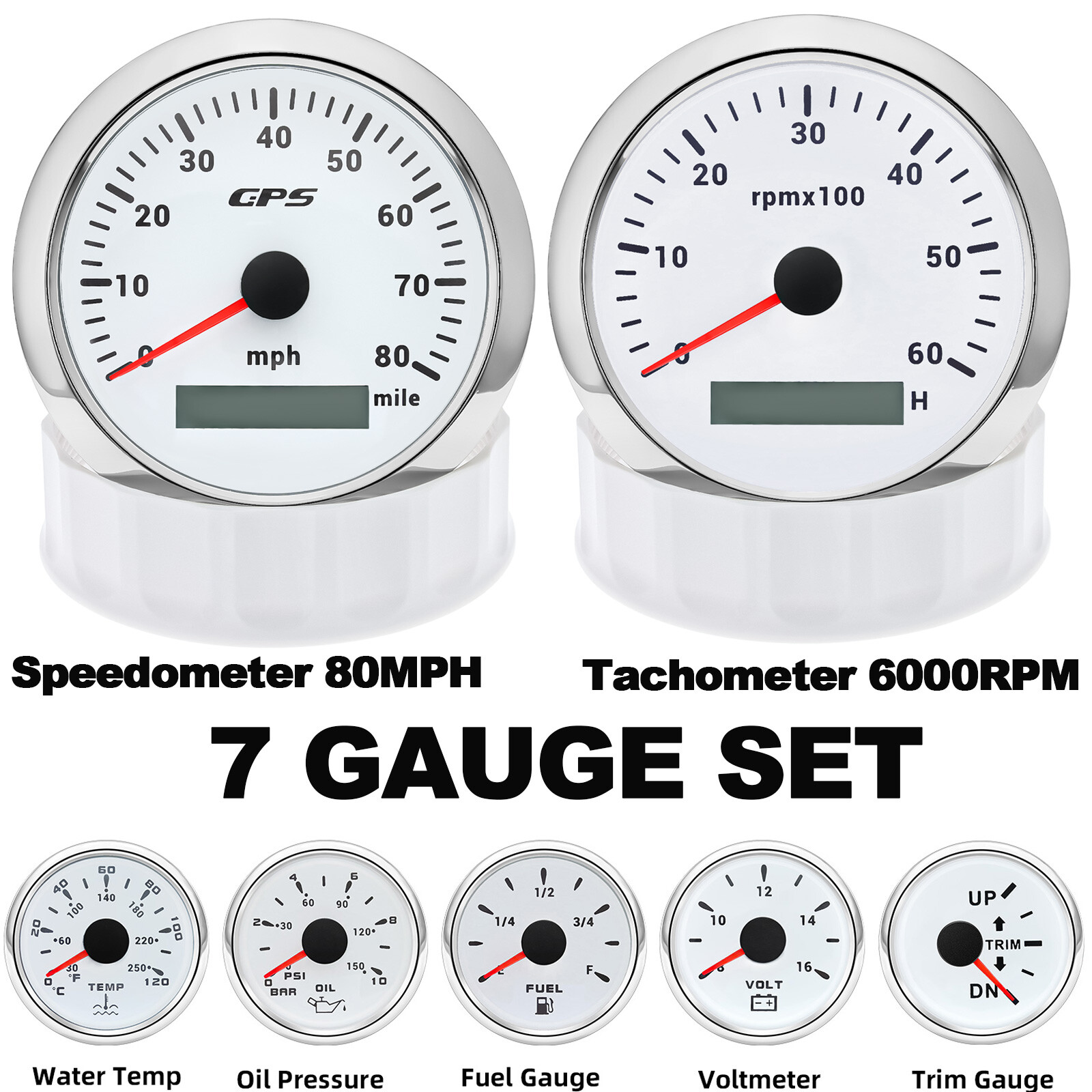 7 Gauge Set 85mm White GPS Speedometer 80MPH Tachometer 6000RPM Gauge for Boat