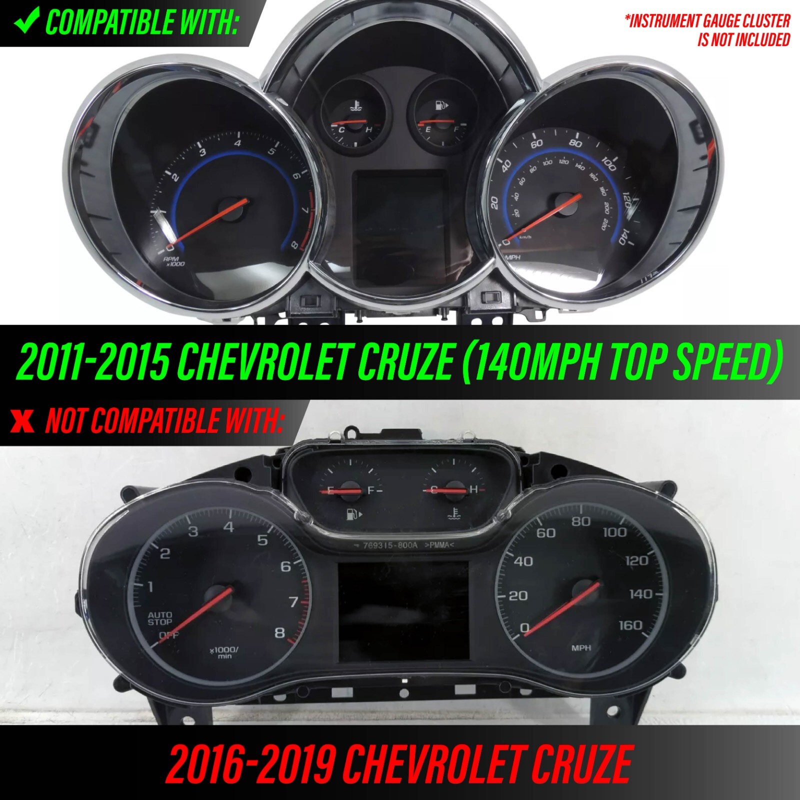 RED Glow Gauge Black Overlay For 11-15 Chevy Cruze 140MPH Instrument Cluster