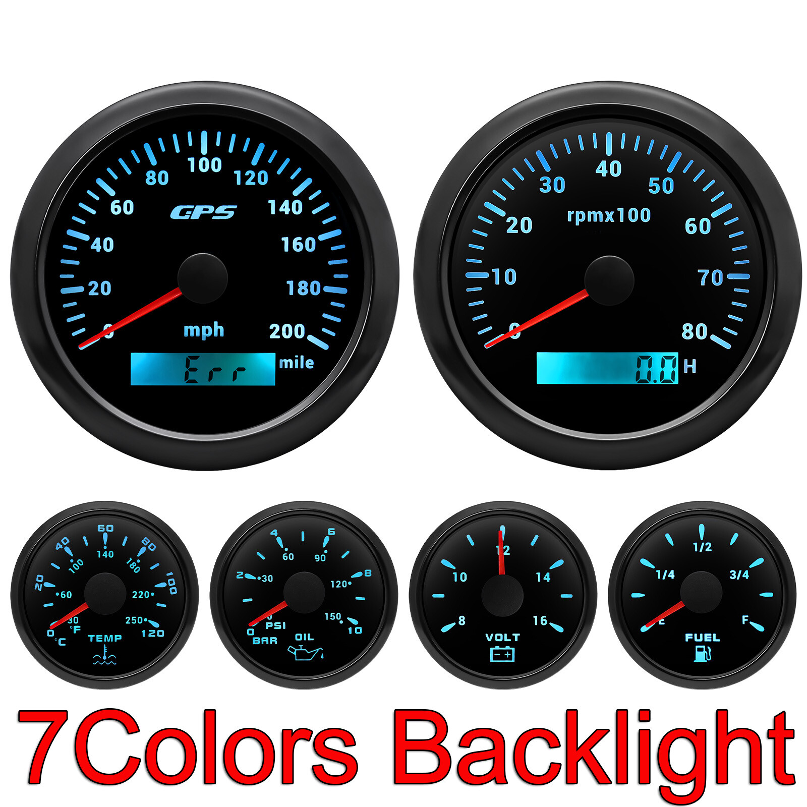 6 Gauge Set 85MM GPS Speedometer Tacho & 52mm Fuel Gauge Temp Oil Volt Car Boat