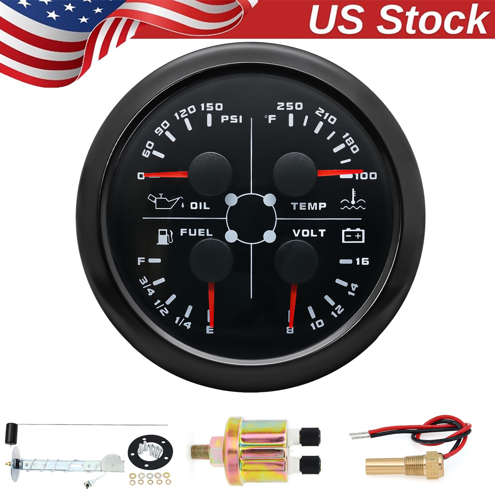 85MM Black 4 IN 1 Gauge Fuel Level Oil Pressure Water Temp Volt With Sensor US