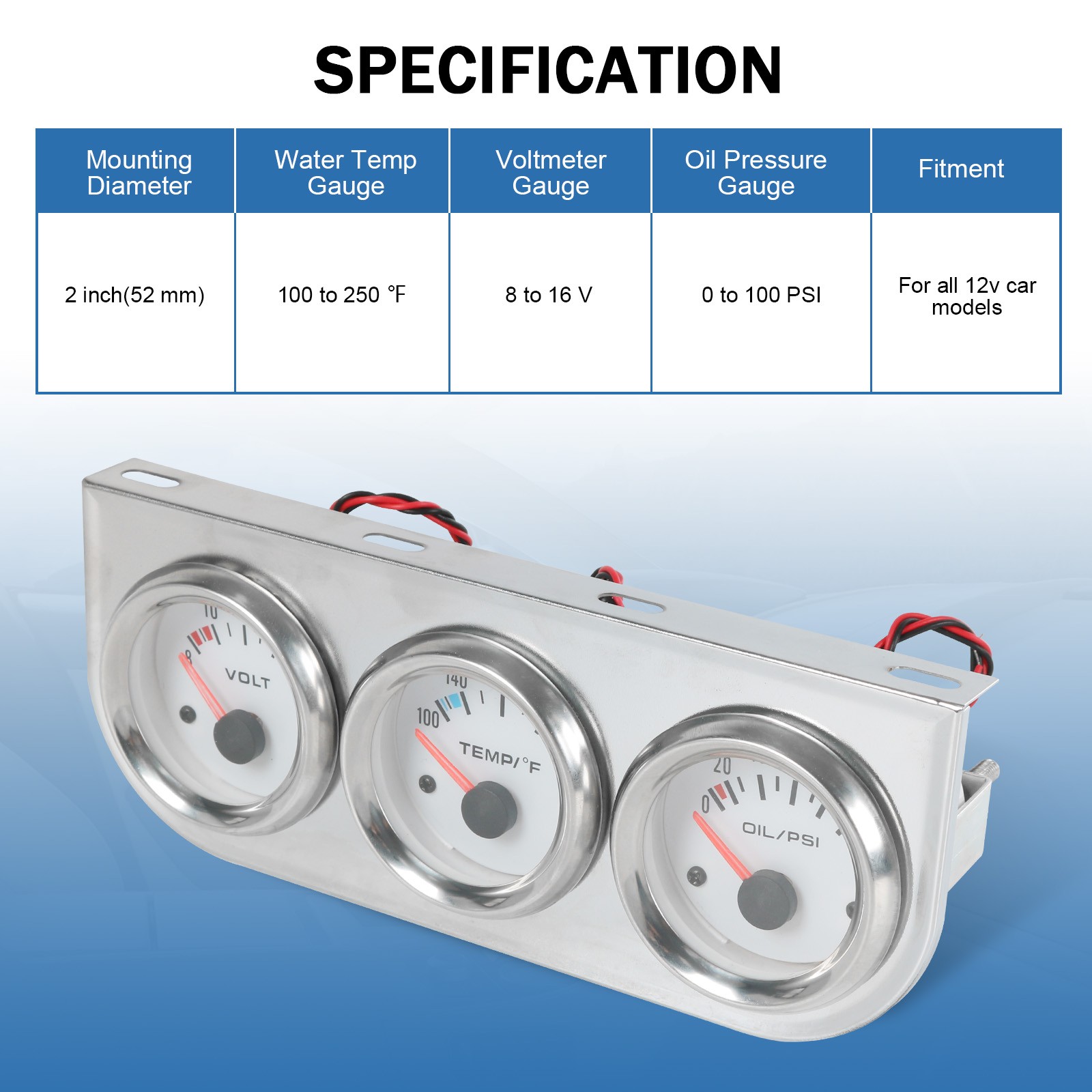 Chrome 2” 52mm Auto Car Triple 3 Gauge Set Water Temp Oil Pressure Volt Meter
