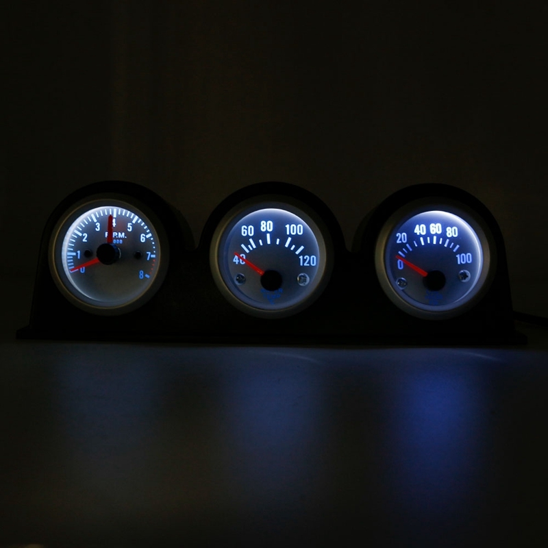 2” 52mm 7 Color LED 3in1 Triple Gauge Kit Tachometer Water Temp Oil Press Gauge