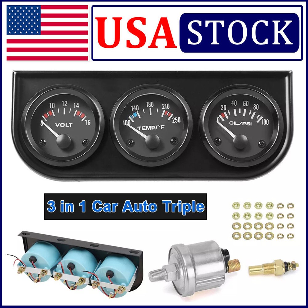2″ 52mm 3 in 1 Auto Car Triple Gauge Set Kit Water Temp Oil Pressure Volt Meter