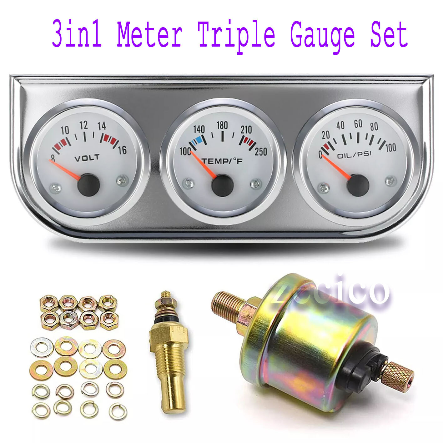3in1 Meter Triple Gauge Set Universal 2″52mm Chrome Oil Pressure Water Temp Volt