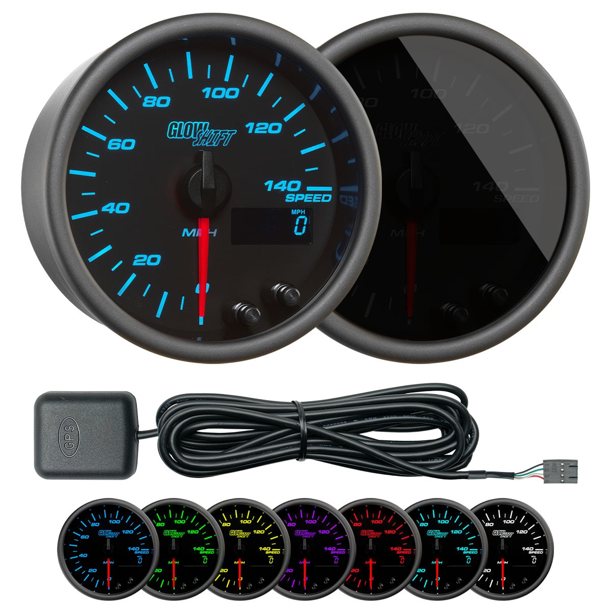 GlowShift Tinted 7 Color 140 MPH In-Dash GPS Speedometer Gauge Kit 85mm 3-3/8″