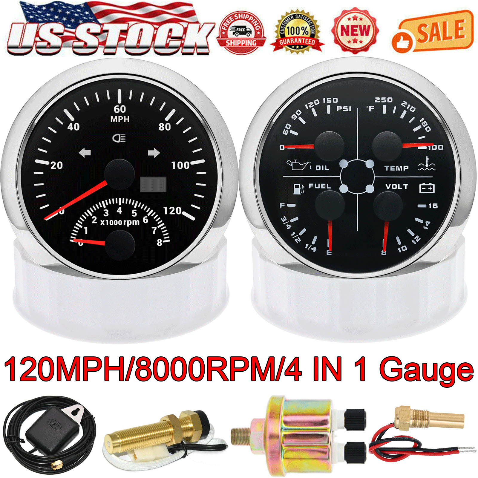 2 Gauge Set 85mm GPS Speedometer 120MPH w/Tacho&85mm 4 in 1 Gauge with Sensor US