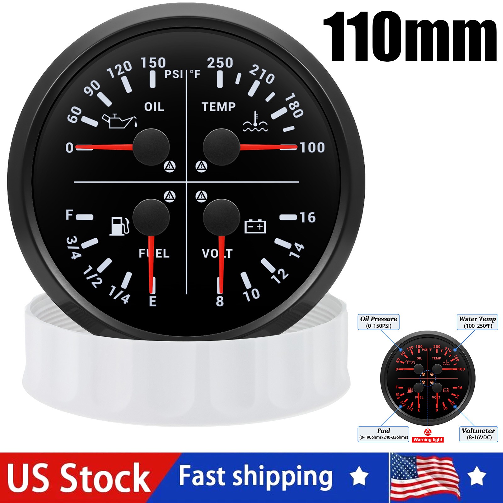 110mm 4 IN 1 Gauge Fuel Level Oil Pressure Water Temp Voltmeter For Car Boat