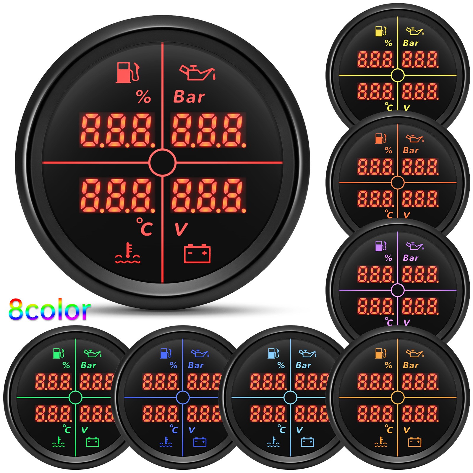 52mm 4 IN 1 Multifunction Gauge Fuel Oil Pressure Water Temp Volt With Sensor
